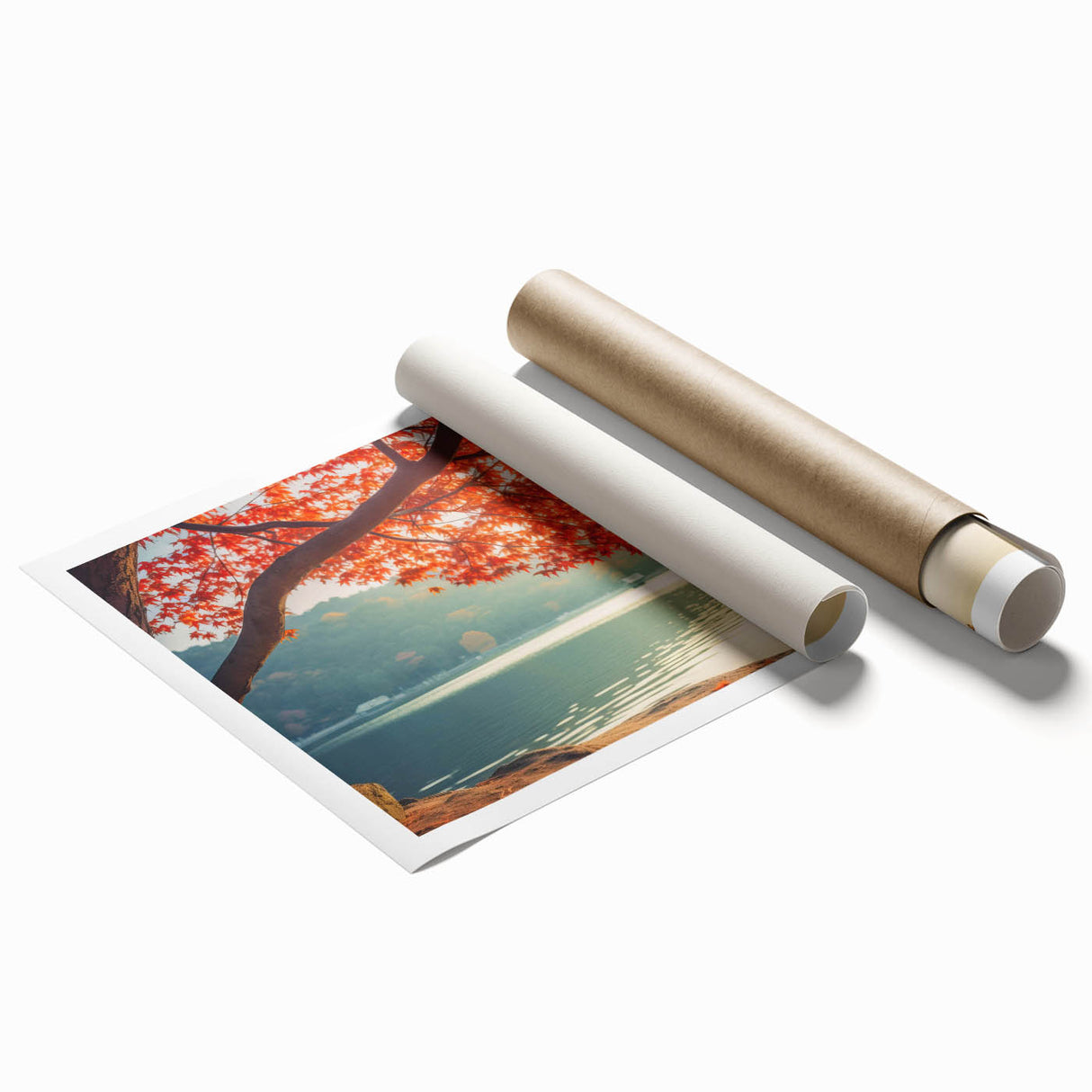 Vibrant rolled print of a serene landscape featuring majestic trees and a colorful sky, perfect for home decor, enhancing any living space with nature's beauty.