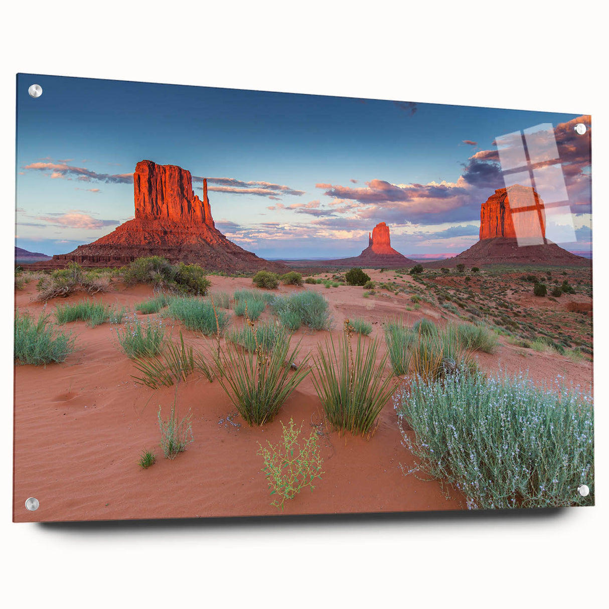 Acrylic glass wall art showcasing a vibrant landscape design of a serene valley, displayed from a side view with decorative pins, ideal for modern home decor.