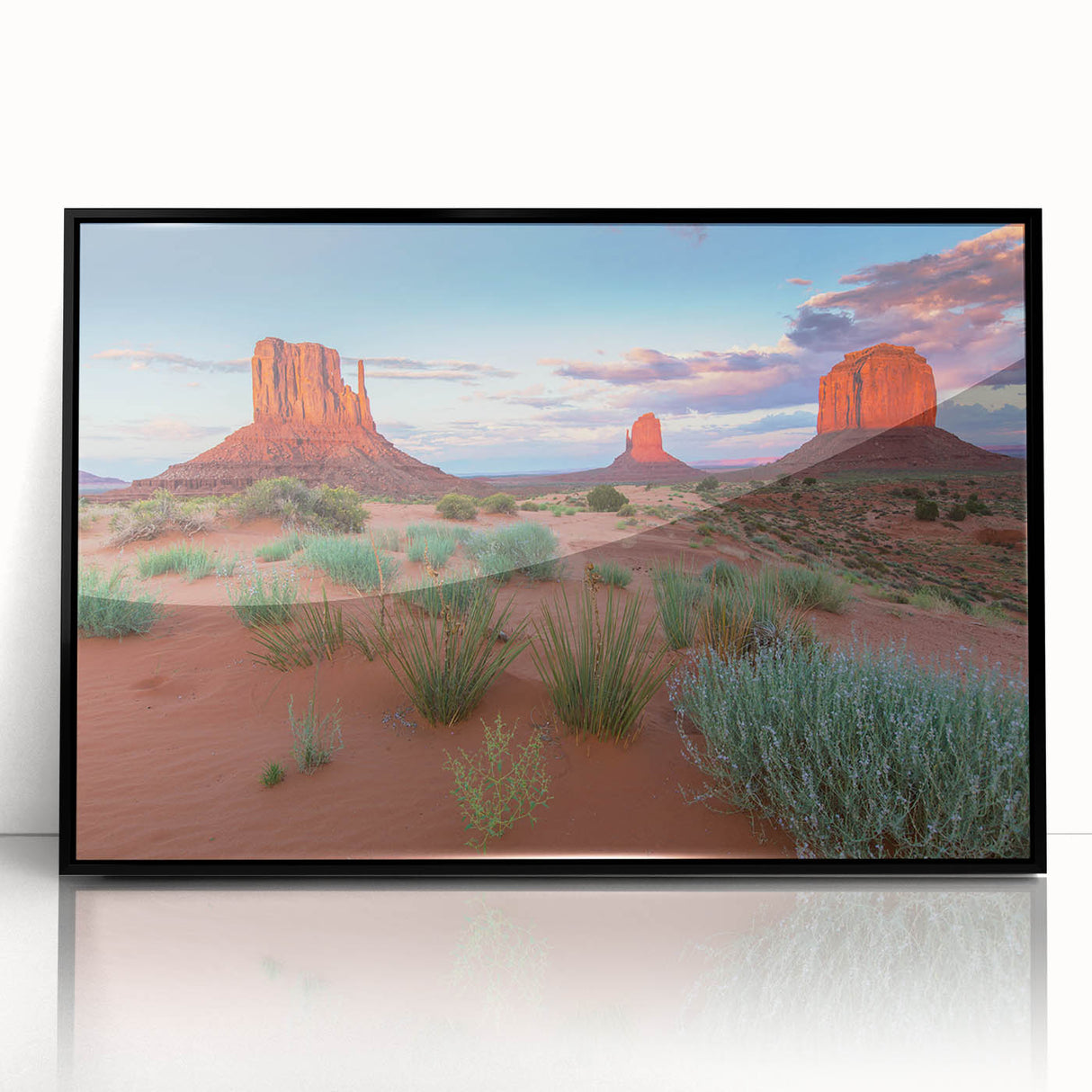 Framed acrylic wall art featuring a serene valley landscape design with vibrant colors and a sleek black frame, perfect for home decor and nature lovers.