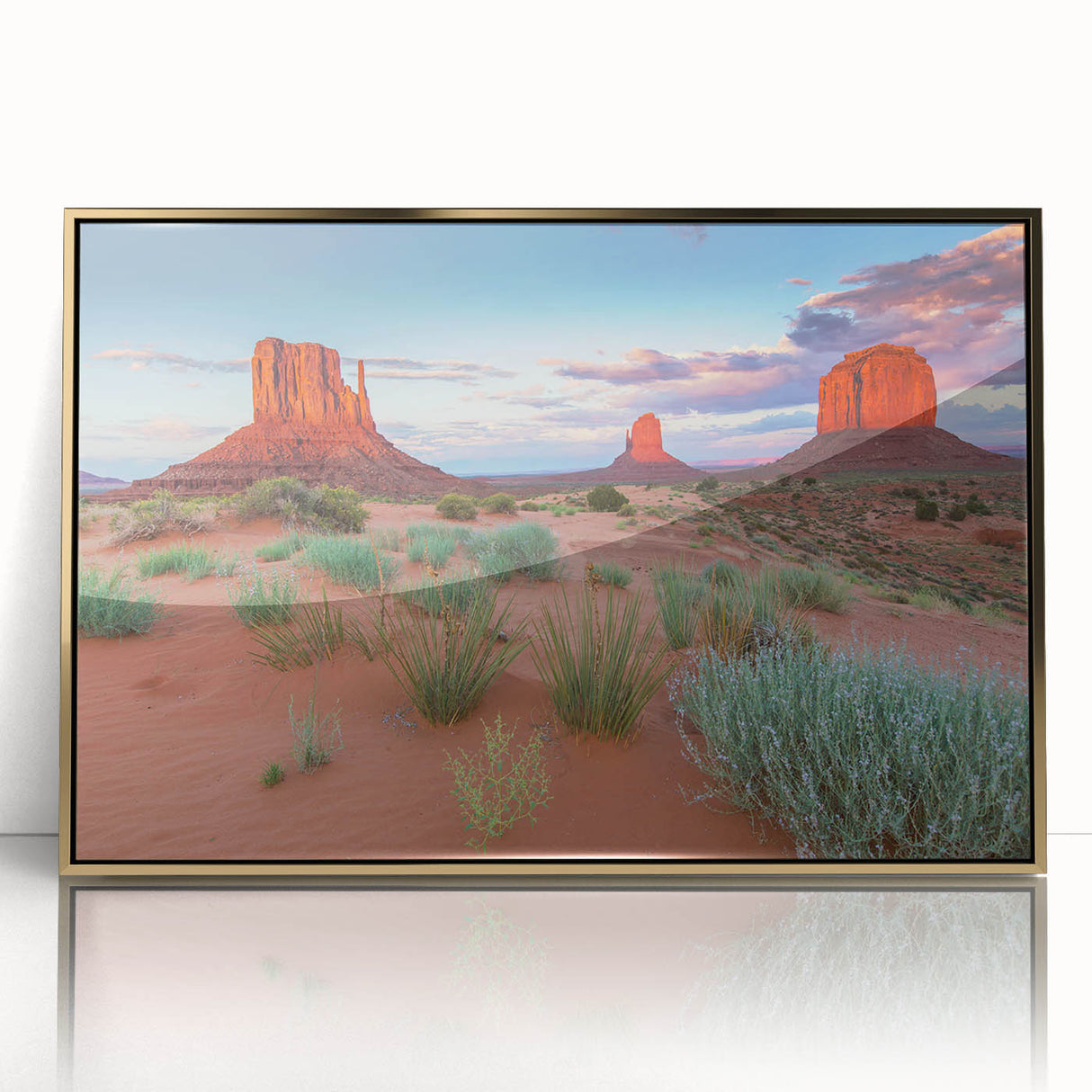 Framed wall art featuring a serene valley landscape design with gold accents, ideal for home decor. The acrylic front enhances visual depth and elegance.