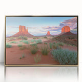 Framed wall art featuring a serene valley landscape design with gold accents, ideal for home decor. The acrylic front enhances visual depth and elegance.