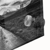 Close-up of a vibrant acrylic glass wall art piece depicting a serene valley landscape, showcasing rich colors and intricate details, perfect for home decor.