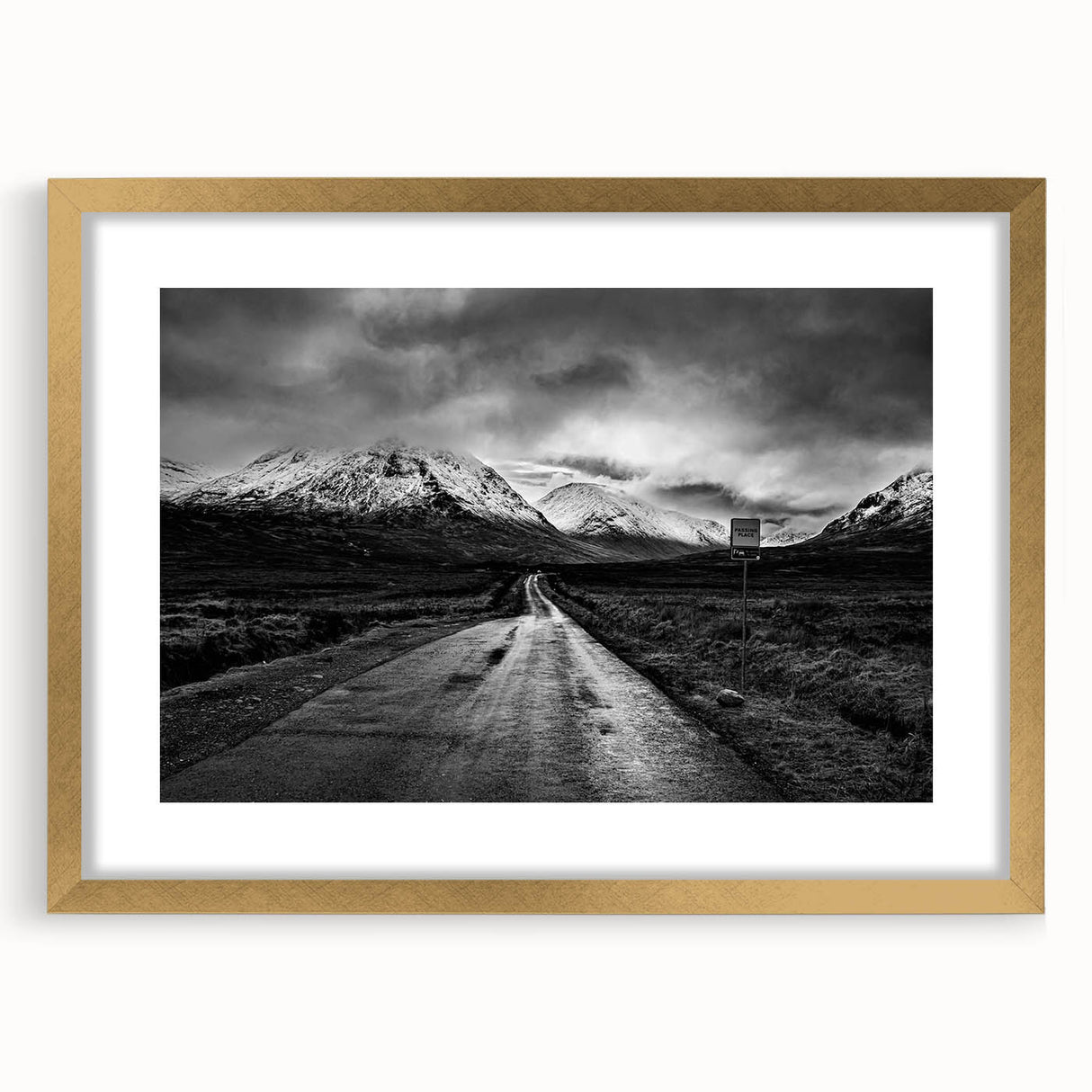Framed wall art showcasing a serene valley landscape design with a gold mat, perfect for home decor, adding elegance and nature-inspired beauty to any room.