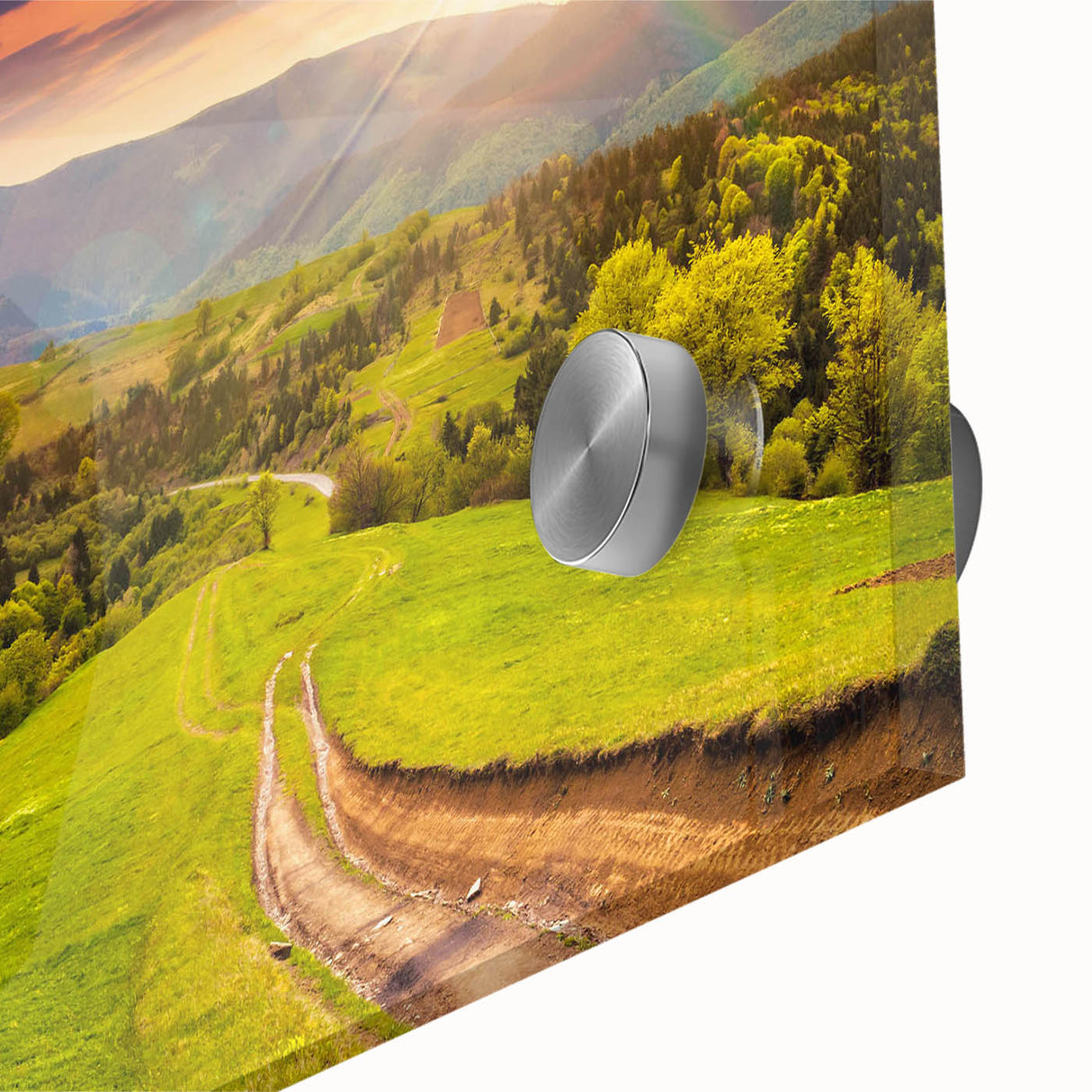 Close-up of a vibrant acrylic glass wall art piece showcasing a serene valley landscape, featuring rich greens and blues, perfect for home decor.