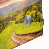 Close-up of a vibrant acrylic glass wall art piece showcasing a serene valley landscape, featuring rich greens and blues, perfect for home decor.