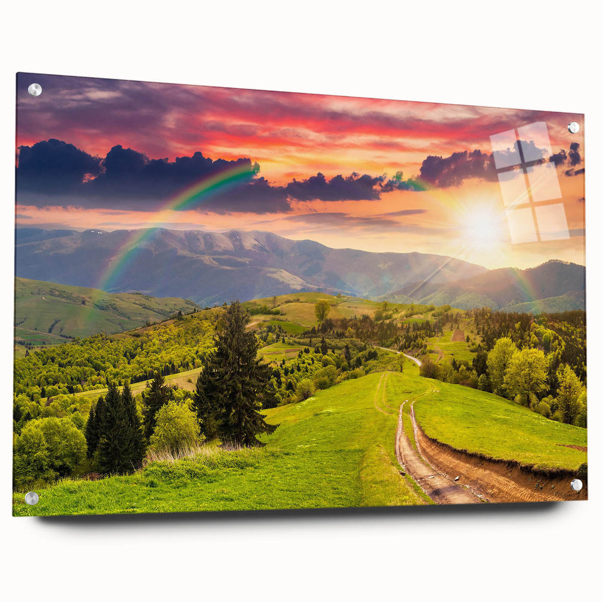 Acrylic glass wall art piece showcasing a serene valley landscape design with vibrant colors, elegantly displayed with corner pins for a modern finish. Perfect for home decor.