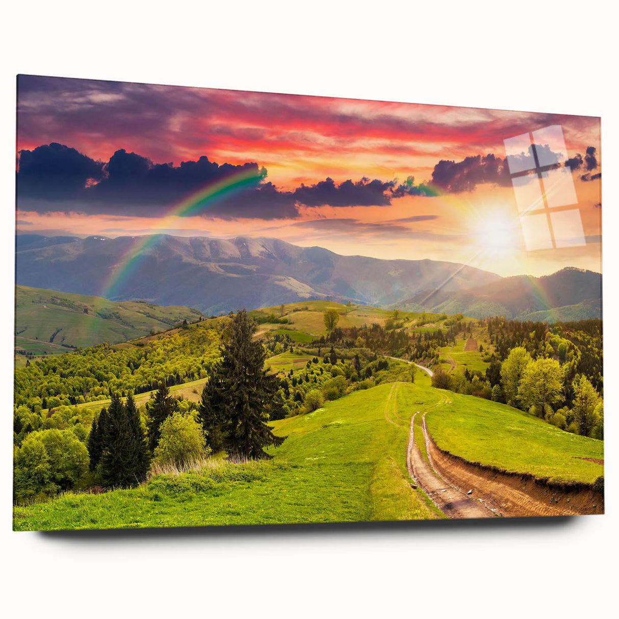 Acrylic glass wall art showcasing a serene valley landscape design with vibrant colors, elegantly displayed without pins, perfect for modern home decor.
