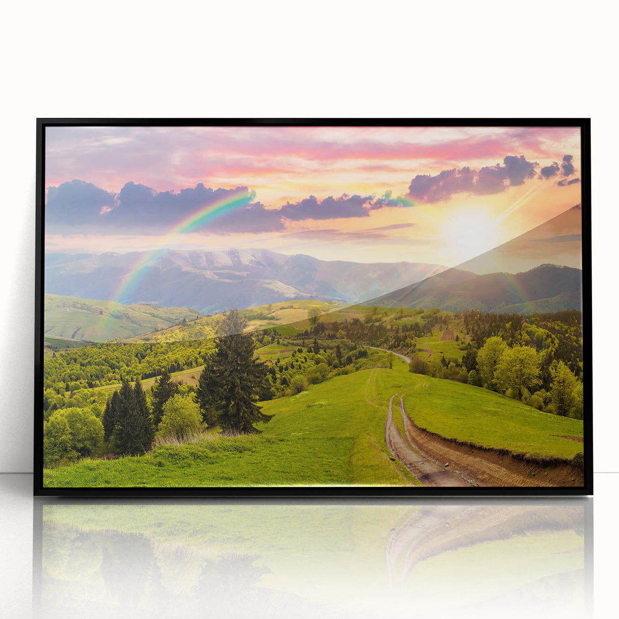Framed acrylic wall art showcasing a serene valley landscape design in black frame, perfect for home decor, enhancing ambiance with natural beauty.