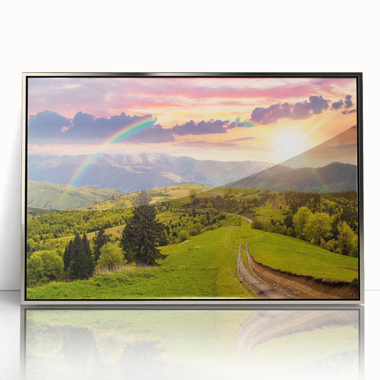 Framed acrylic wall art featuring a serene landscape design of a valley, with vibrant colors and silver accents, perfect for modern home decor.