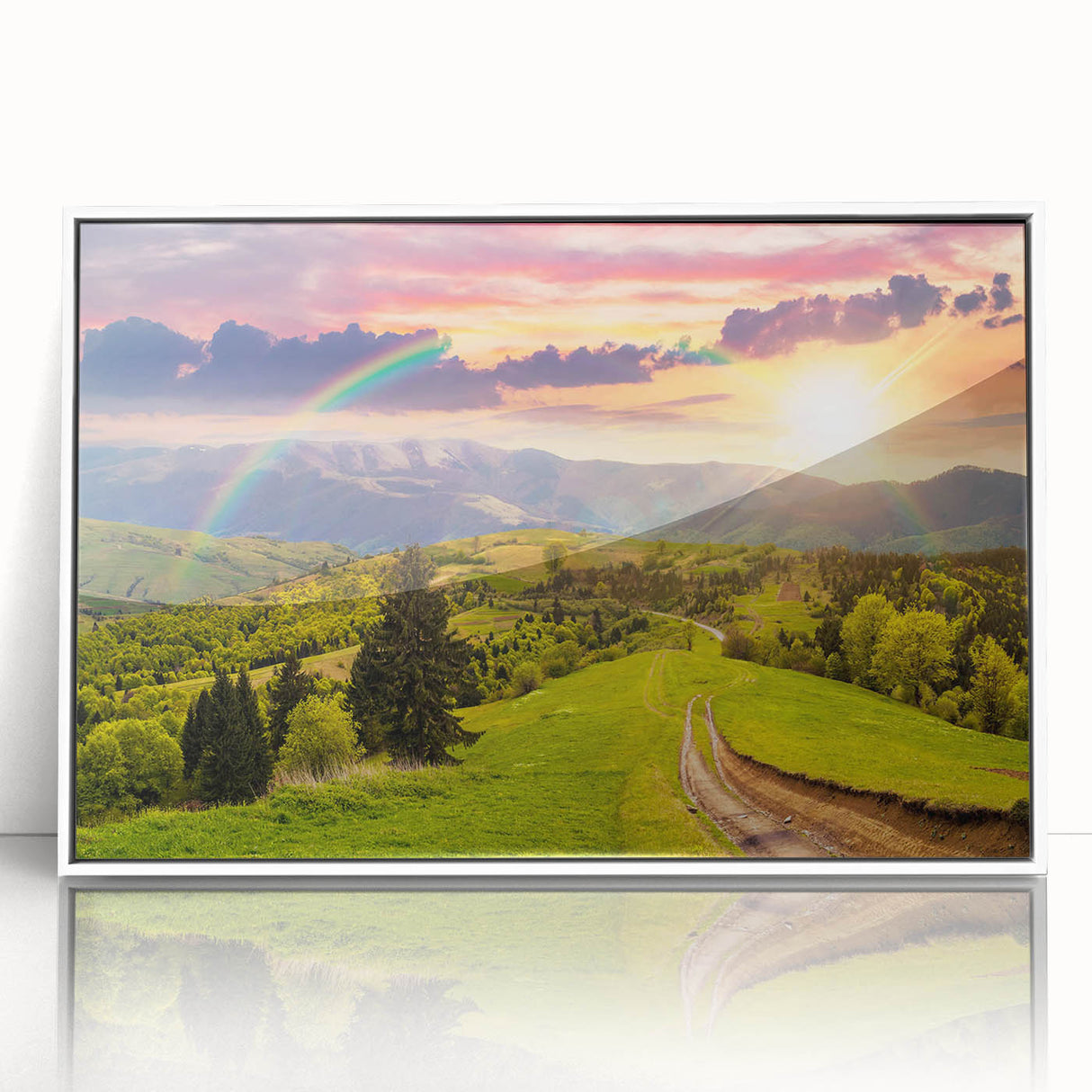 Framed acrylic wall art depicting a serene valley landscape with vibrant colors, set against a white background, enhancing modern home decor aesthetics.