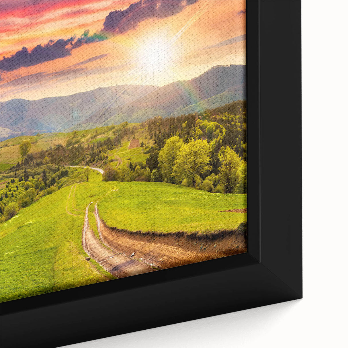Framed canvas wall art showcasing a vibrant landscape valley design, with rich colors and intricate details, perfect for enhancing home decor aesthetics.