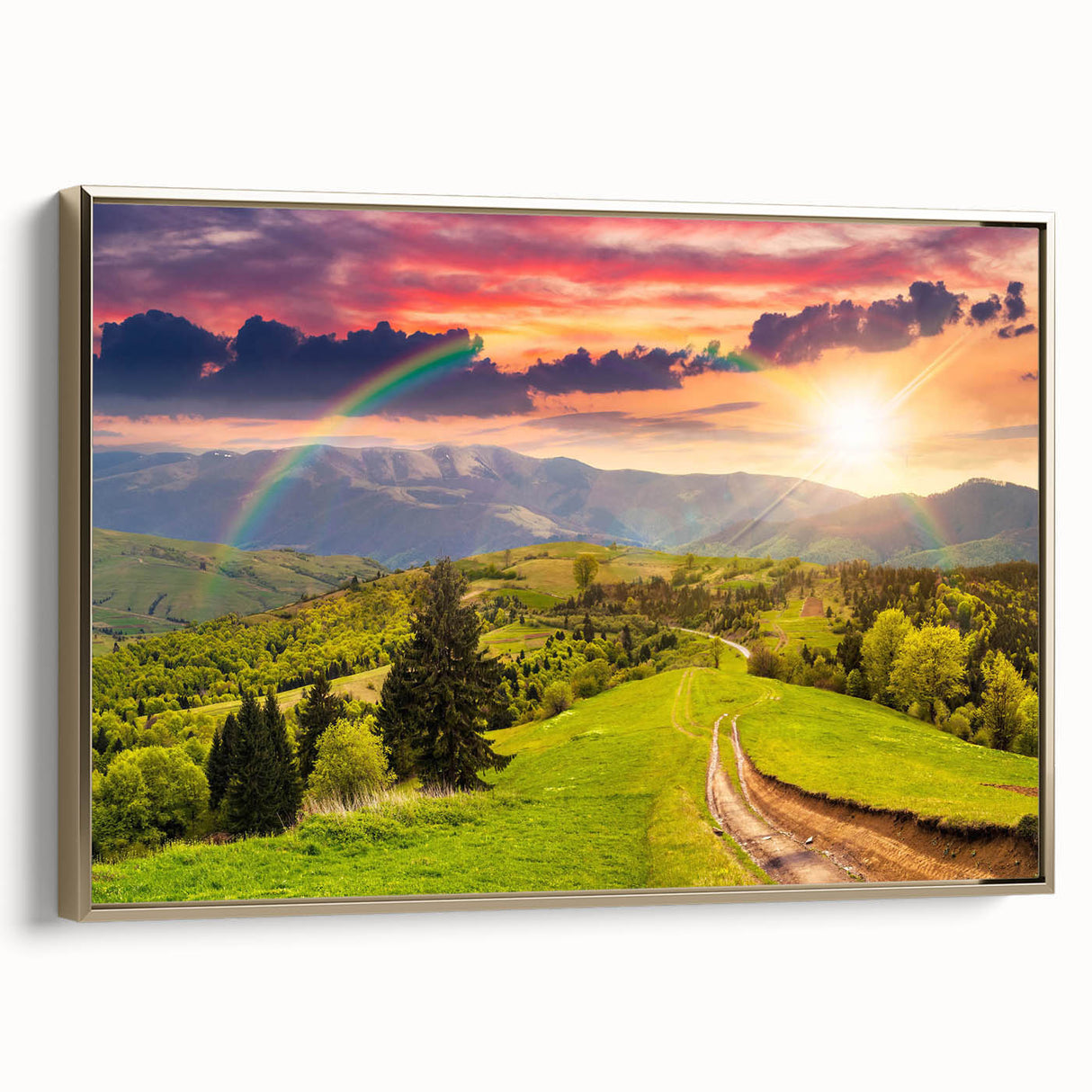 Framed canvas wall art showcasing a serene valley landscape design with gold accents, perfect for enhancing home decor. Ideal for nature lovers seeking elegant artwork.