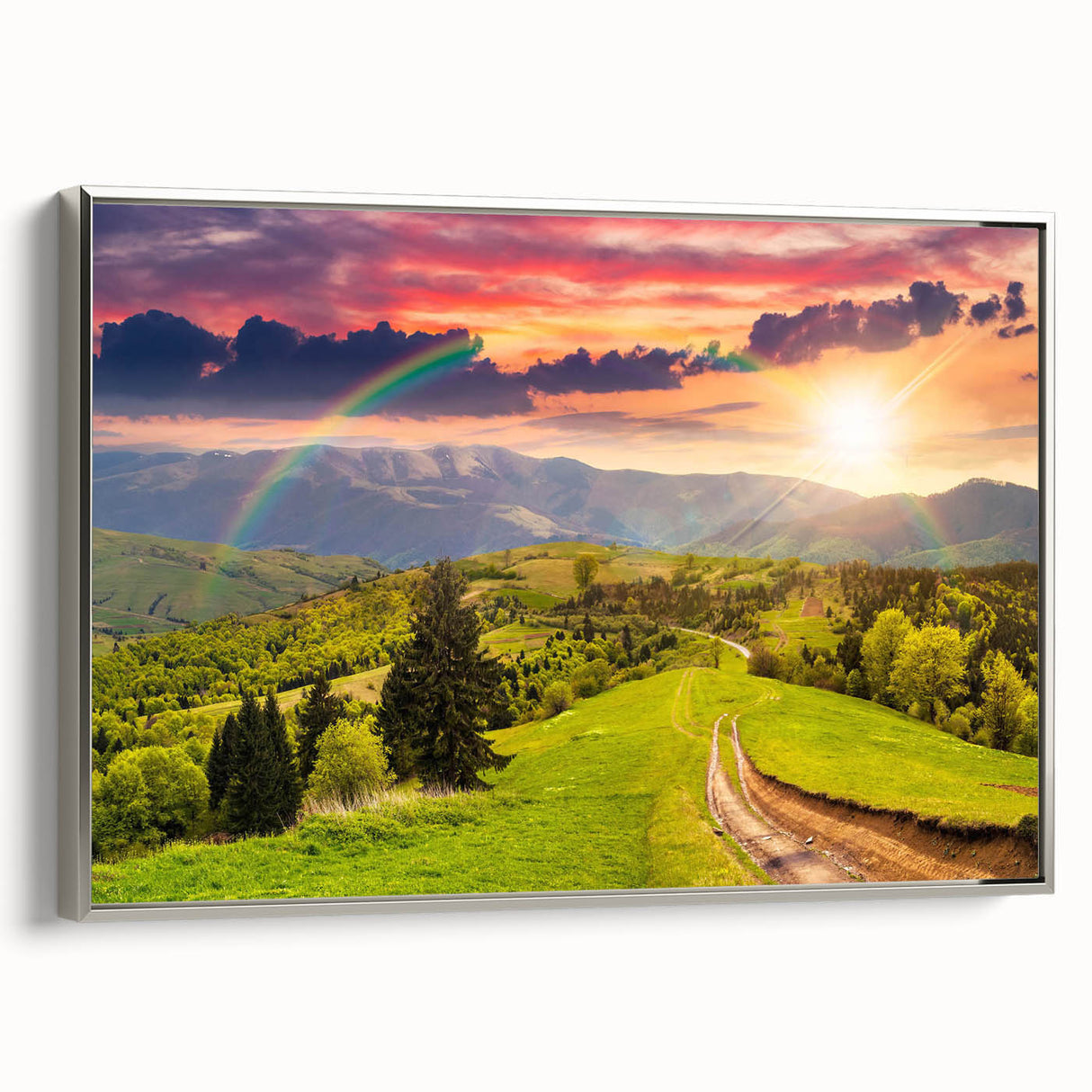 Framed canvas wall art showcasing a serene valley landscape design with silver accents, ideal for home decor, adding elegance and tranquility to any space.