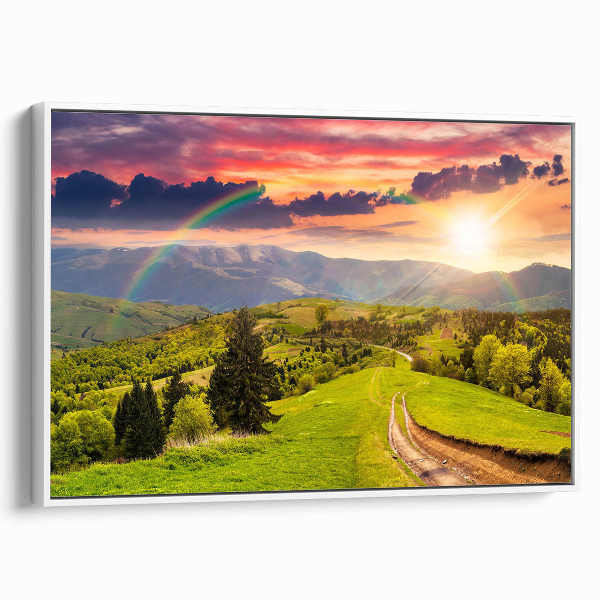 Framed canvas wall art showcasing a serene valley landscape design with vibrant greens and blues, elegantly displayed against a white background for a modern touch.