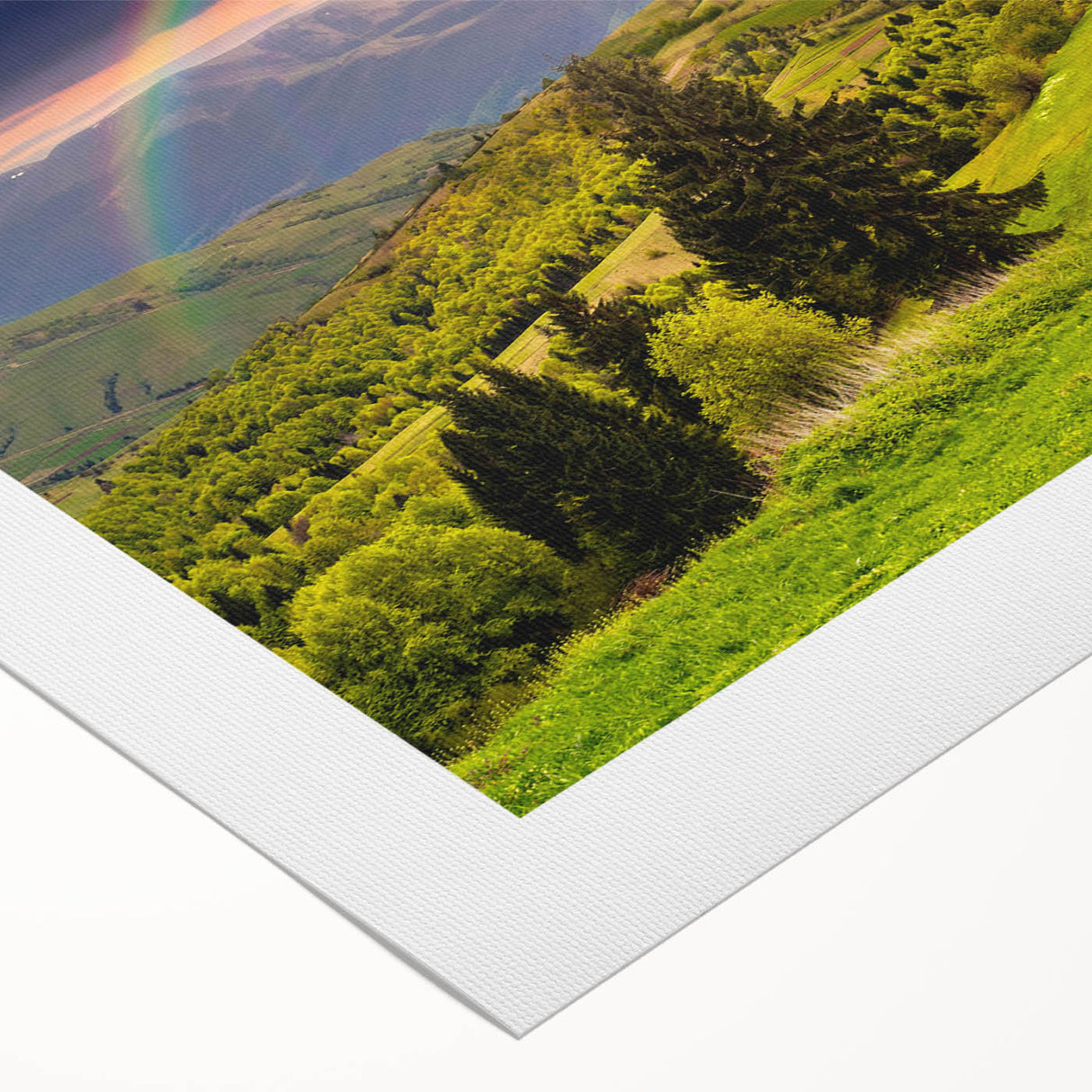 Vibrant rolled canvas wall art showcasing a serene valley landscape with lush greenery and a tranquil river, perfect for enhancing home decor.