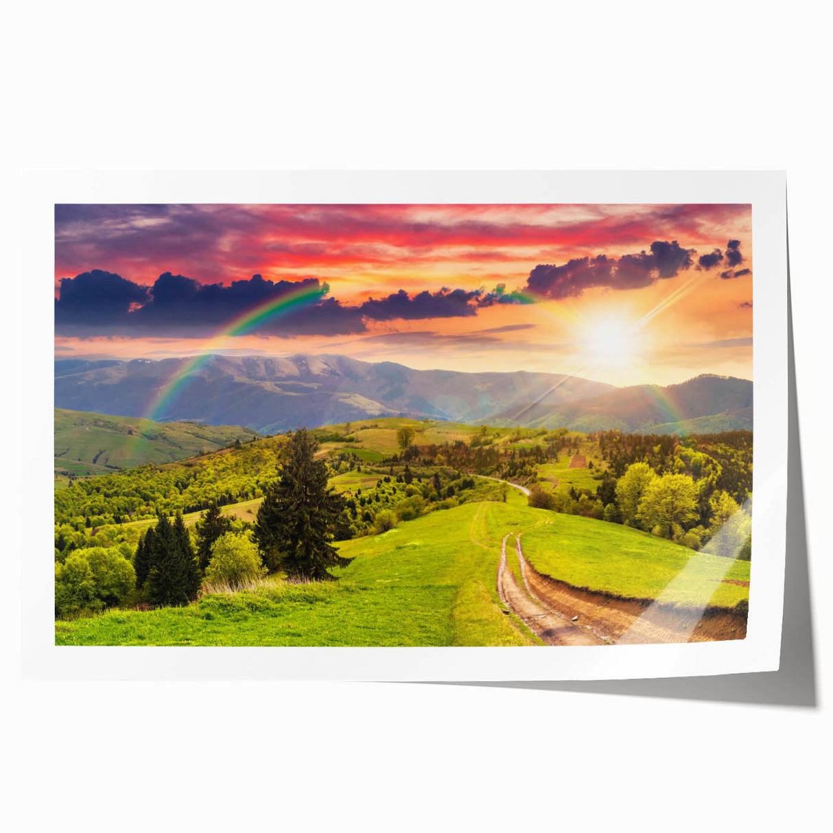 Stunning landscape wall art print showcasing a serene valley scene with vibrant greenery and soft blue skies, rolled and ready for framing. Perfect for nature lovers.