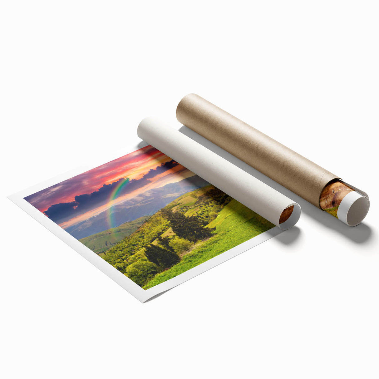 Rolled landscape wall art print featuring a serene valley scene with vibrant colors and intricate details, designed to enhance home decor aesthetics. The artwork captures the essence of nature's beauty, making it a perfect addition to living spaces.