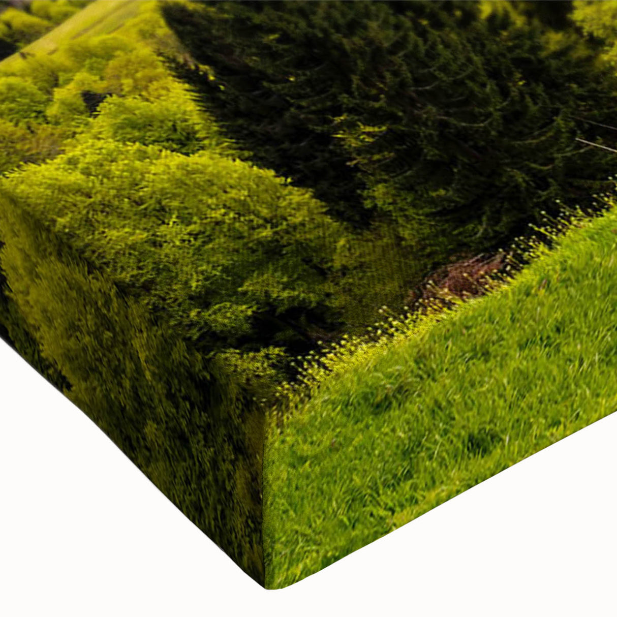 Close-up of a stretched canvas wall art piece showcasing a vibrant landscape design with lush green valleys, perfect for home decor and nature enthusiasts.