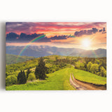 Stretched canvas wall art depicting a serene valley landscape with vibrant greenery and soft blue skies, perfect for home decor or office enhancement.