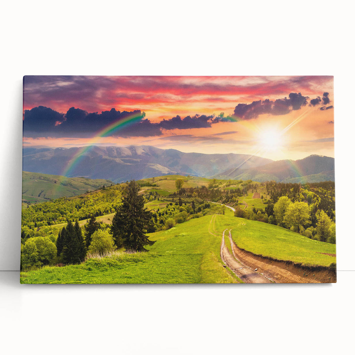 Stretched canvas artwork showcasing a serene valley landscape with vibrant colors and soft textures, ideal for home decor or office ambiance, adding a touch of nature.