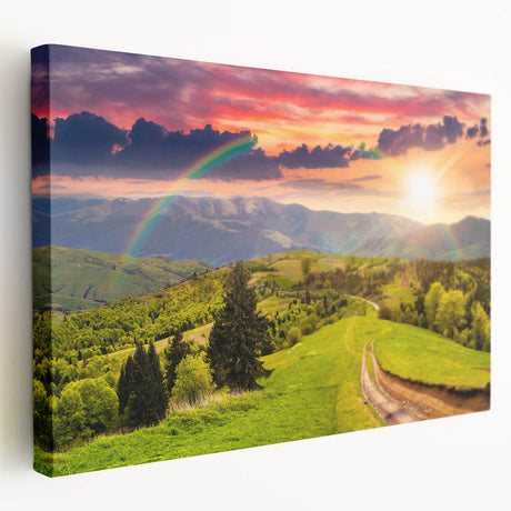 Stretched canvas wall art showcasing a serene valley landscape design, featuring rich greens and soft blues, perfect for enhancing any modern home decor.