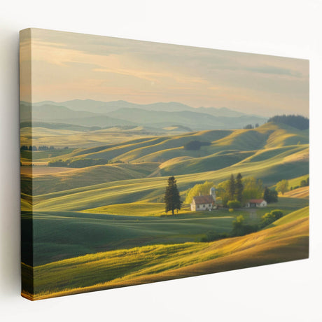 Stretched canvas wall art showcasing a serene valley landscape design with vibrant green hills and a clear blue sky, ideal for home decor and nature enthusiasts.