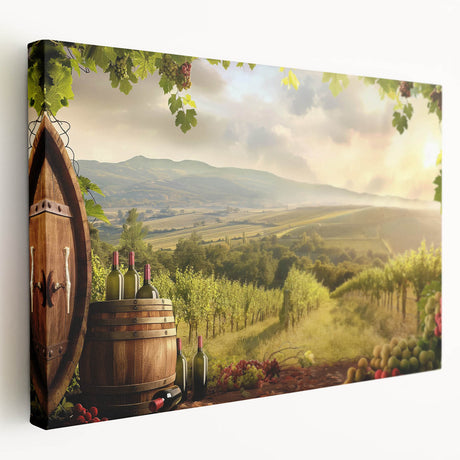 Stretched canvas wall art showcasing a serene valley landscape design with vibrant colors, framed for display, enhancing home decor aesthetics.