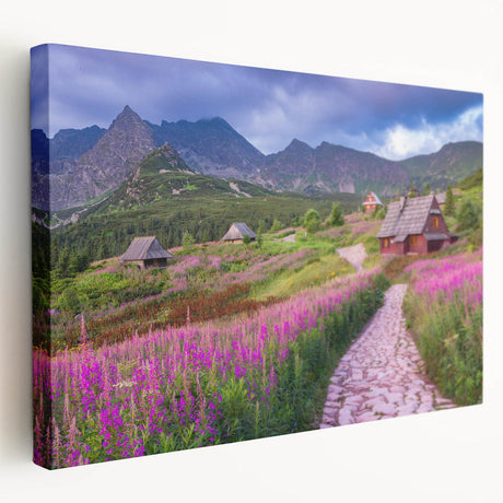 Stretched canvas wall art showcasing a serene valley landscape design, featuring vibrant colors and intricate details, perfect for home decor enhancement.