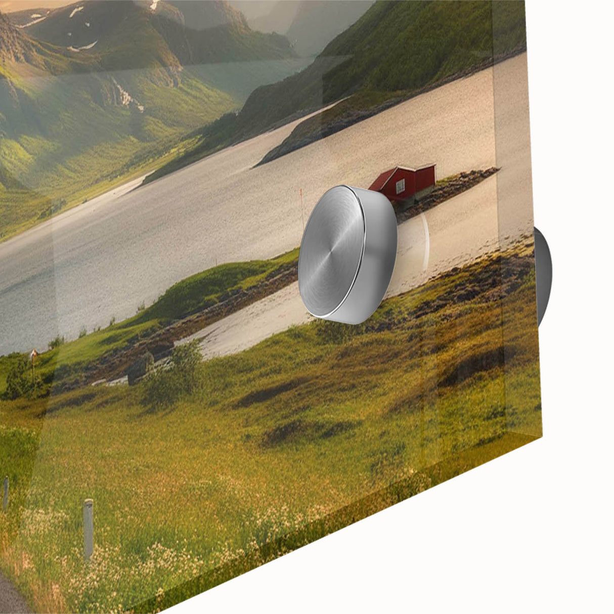 Close-up of a vibrant acrylic glass wall art piece showcasing a serene valley landscape, featuring rich greens and blues, perfect for modern home decor.