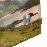 Close-up of a vibrant acrylic glass wall art piece showcasing a serene valley landscape, featuring rich greens and blues, perfect for modern home decor.