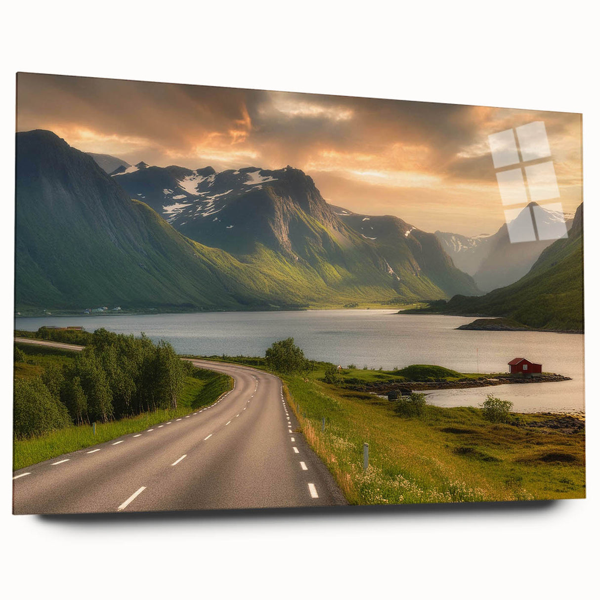 Acrylic glass wall art showcasing a serene valley landscape design in vibrant colors, viewed from the side, highlighting its modern aesthetic and sleek finish.