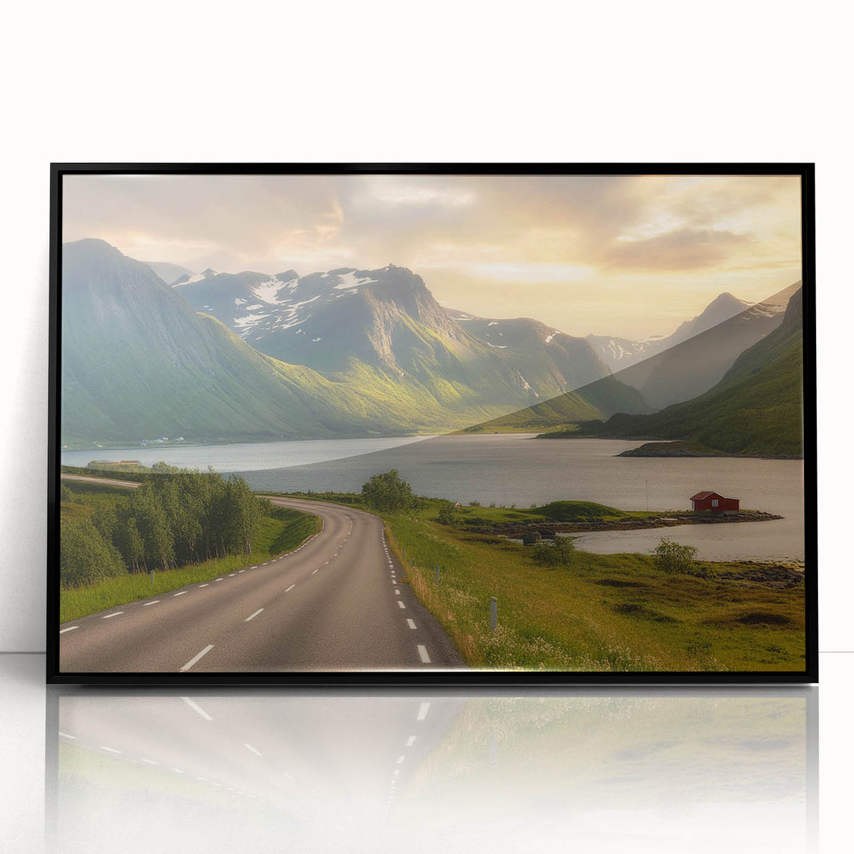 Framed acrylic wall art featuring a serene valley landscape design in a sleek black frame, ideal for home decor, adding a touch of nature and tranquility to any space.