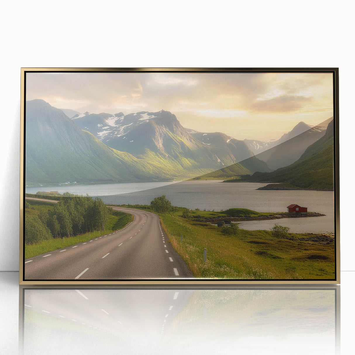 Framed wall art showcasing a serene valley landscape with rich green hills and a golden sunset, designed to elevate home decor and create a calming ambiance.