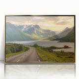 Framed wall art showcasing a serene valley landscape with rich green hills and a golden sunset, designed to elevate home decor and create a calming ambiance.