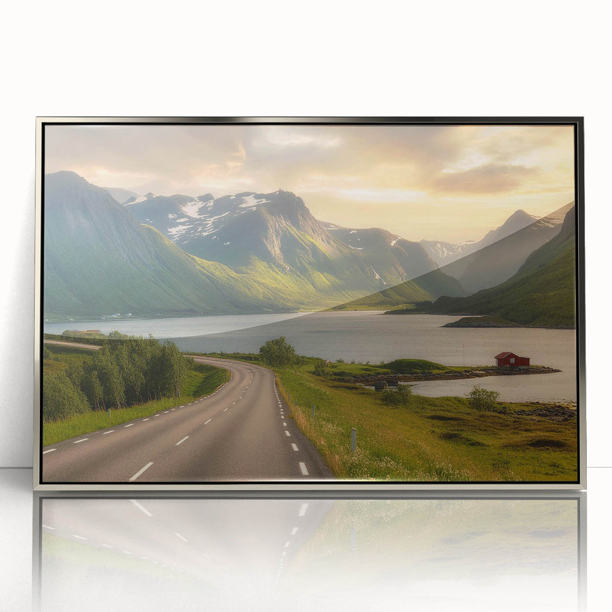 Framed wall art featuring a serene landscape design of a valley, showcasing vibrant colors and detailed textures, with a sleek silver frame, ideal for home decor.