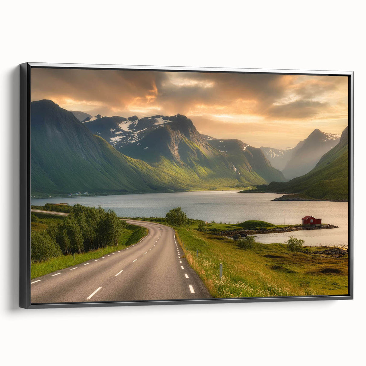 Framed canvas wall art showcasing a picturesque valley landscape design with vibrant green hills and a serene blue sky, presented in a sleek black frame for modern decor.