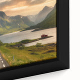 Framed canvas wall art showcasing a serene valley landscape with lush greenery and rolling hills, perfect for adding a touch of nature to home decor.