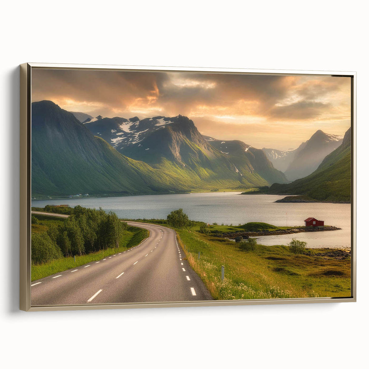 Framed canvas wall art showcasing a serene valley landscape with vibrant colors and gold accents, ideal for modern home decor, side view displaying elegant framing.