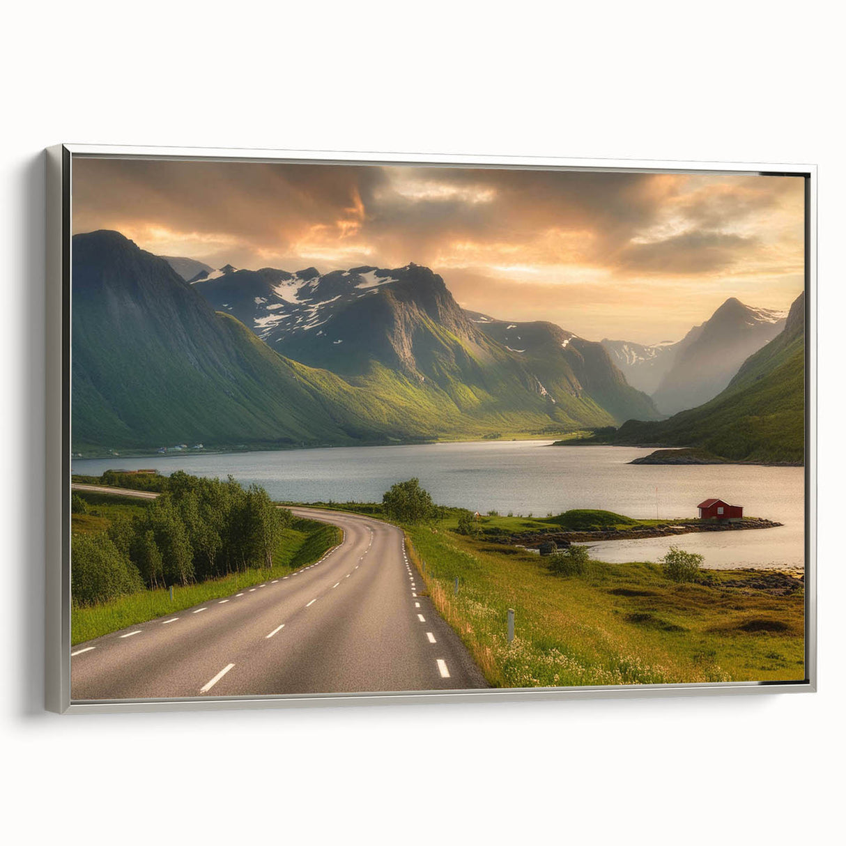 Framed canvas wall art showcasing a serene valley landscape design, featuring vibrant greens and blues with a sleek silver frame, ideal for home decor.
