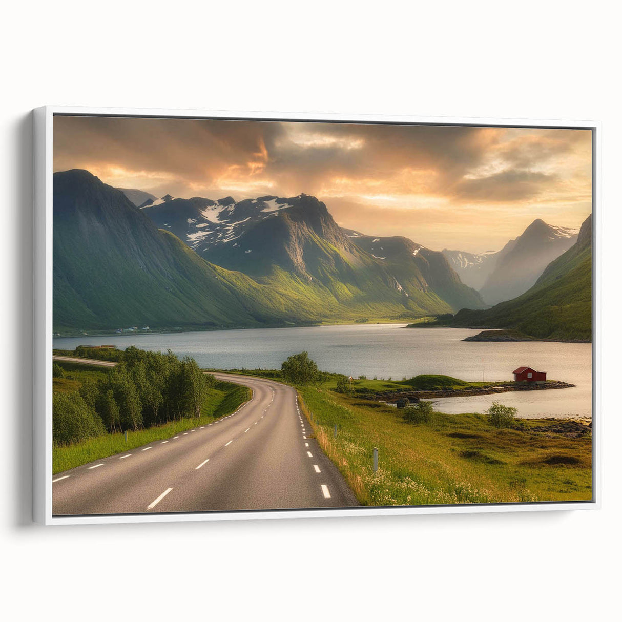 Framed canvas wall art showcasing a serene valley landscape design with vibrant colors, perfect for home decor, viewed from the side against a white background.