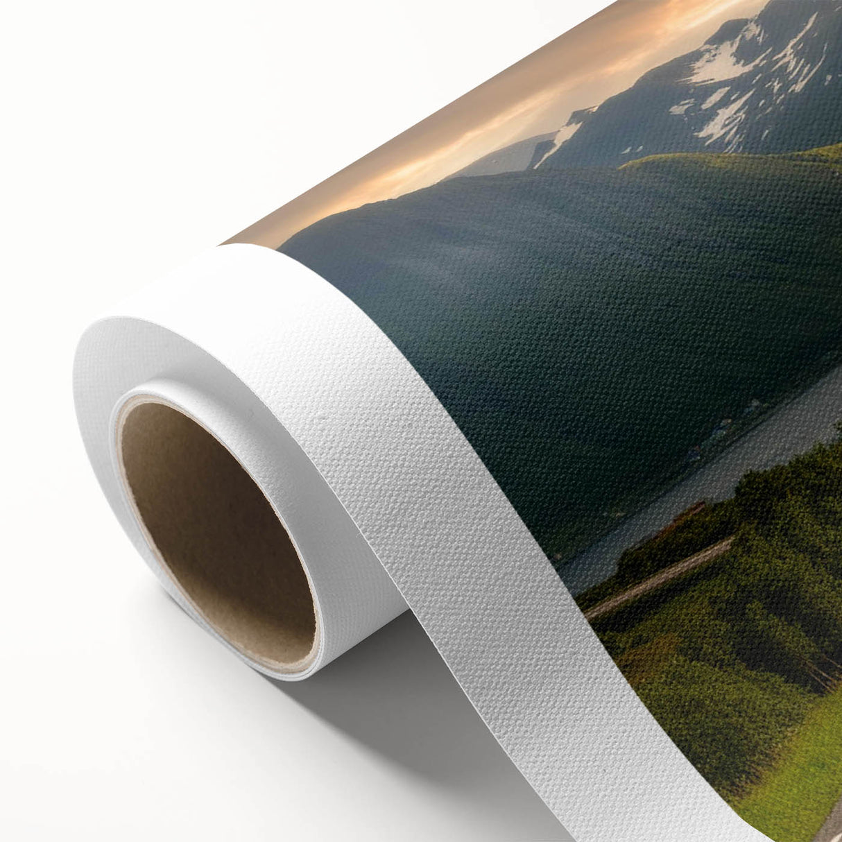 Rolled canvas showcasing a vibrant valley landscape design with rich colors and detailed textures, perfect for home decor or art enthusiasts.