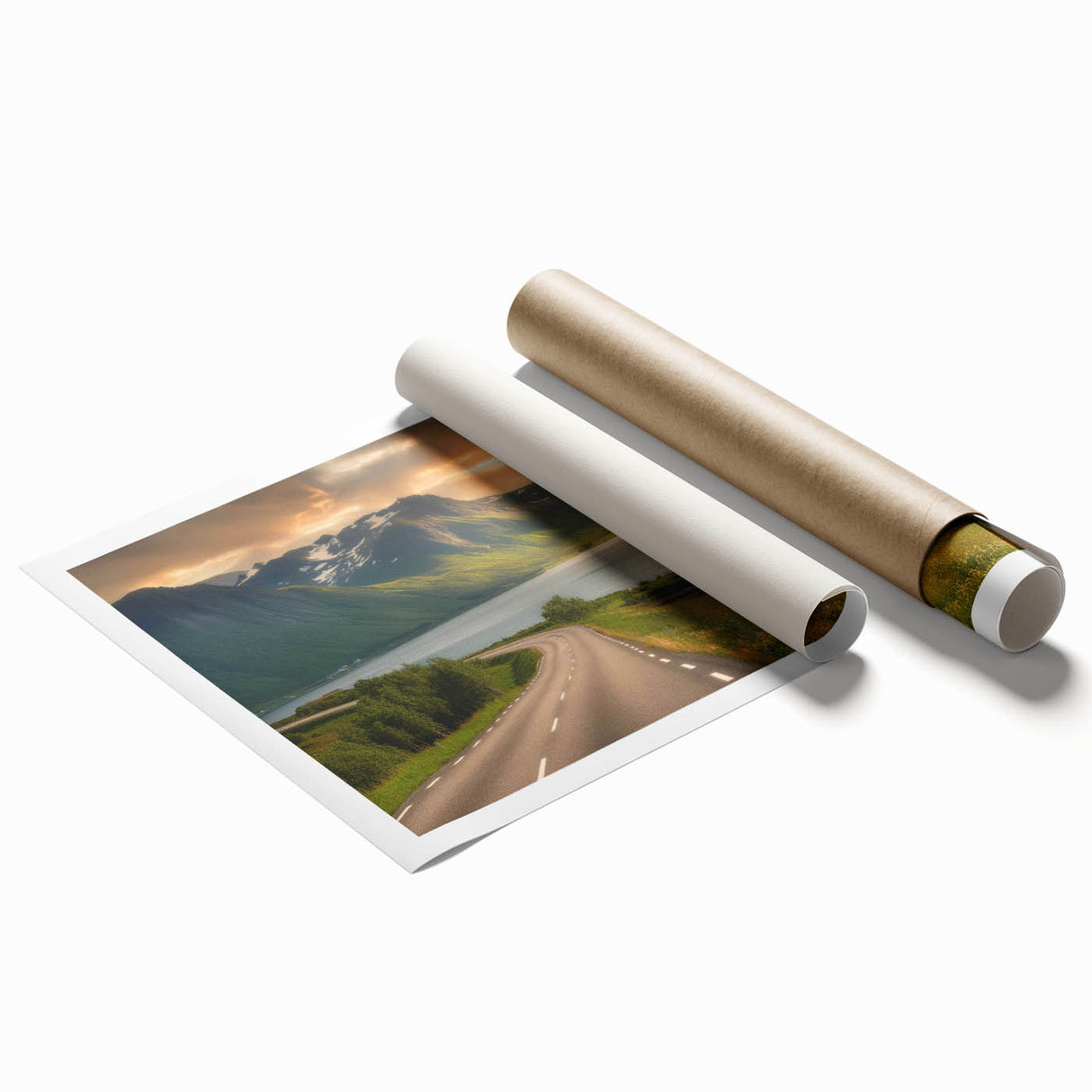 Vibrant rolled wall art print showcasing a serene valley landscape with lush green hills and blue sky, ideal for home decor and nature enthusiasts.