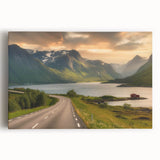 Colorful stretched canvas artwork depicting a serene valley landscape with mountains and a vibrant sunset, ideal for home decor or office settings.