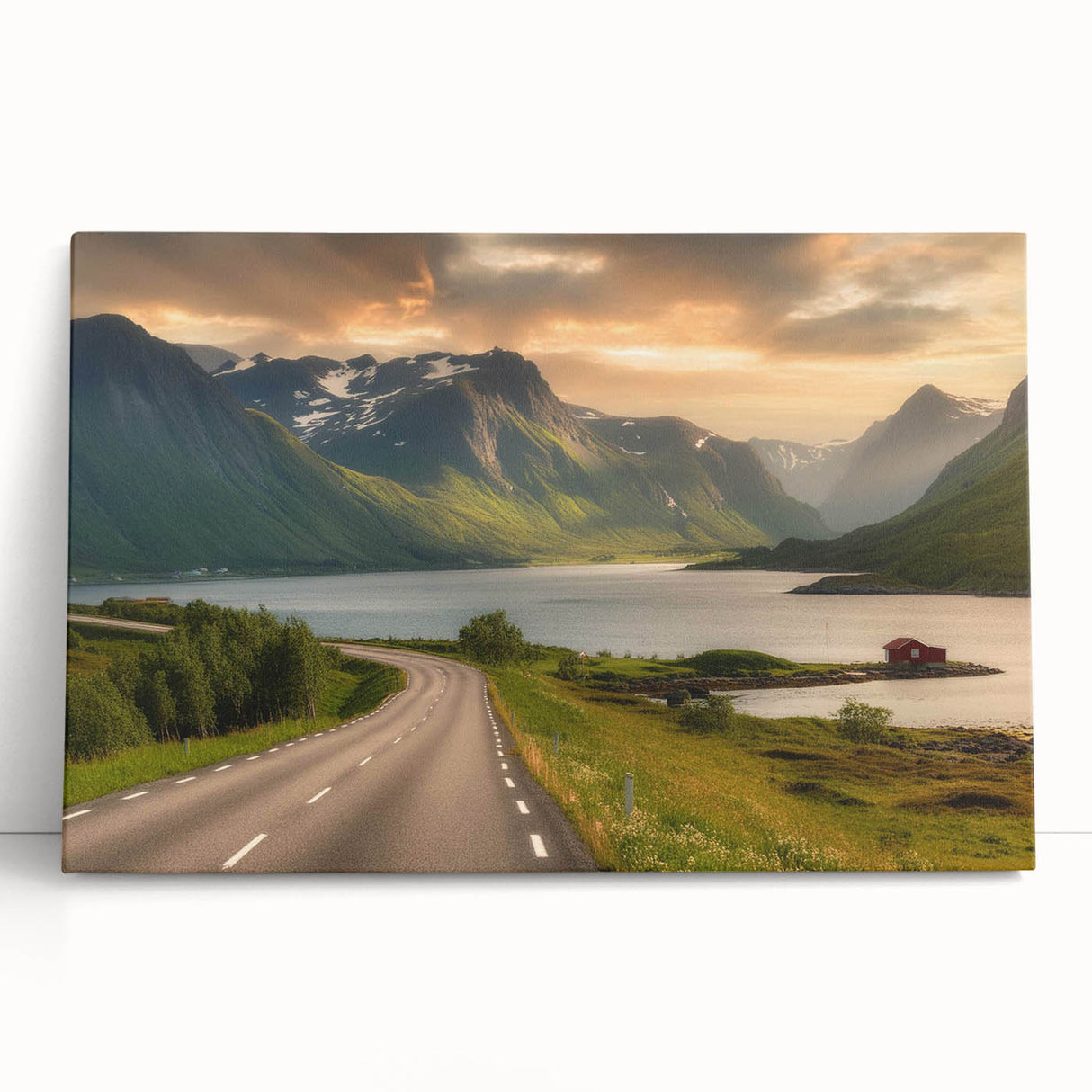 Stretched canvas wall art showcasing a vibrant landscape of a serene valley, featuring lush greenery and a clear blue sky, perfect for home decor enhancement.