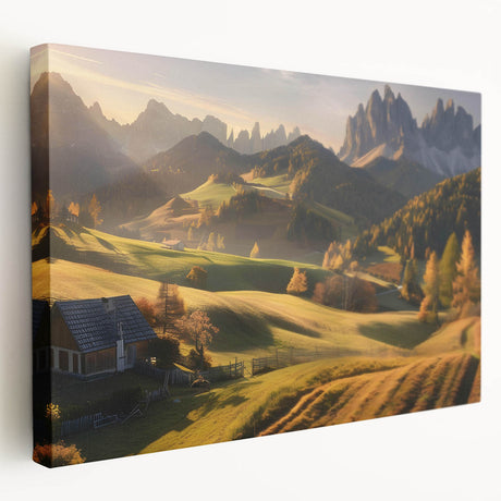 Stretched canvas wall art depicting a serene valley landscape with vibrant colors and intricate details, perfect for enhancing home decor and creating a calming atmosphere.