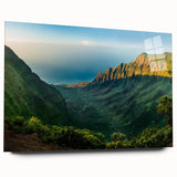 Acrylic wall art piece showcasing a stunning valley landscape design, featuring vibrant colors and intricate details, displayed in a side view without pins, ideal for modern decor.