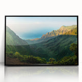 Framed acrylic wall art featuring a serene valley landscape design in black, showcasing vibrant colors and intricate details, perfect for home décor enhancement.