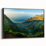 Framed canvas wall art showcasing a serene valley landscape design, featuring vibrant colors and intricate details, viewed from the side against a white background.