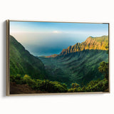 Framed canvas wall art featuring a serene valley landscape design, with gold accents and a sleek side view, perfect for enhancing modern home decor.