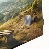 Close-up of a vibrant acrylic glass wall art piece showcasing a serene valley landscape design, emphasizing rich colors and intricate details for home decor enhancement.